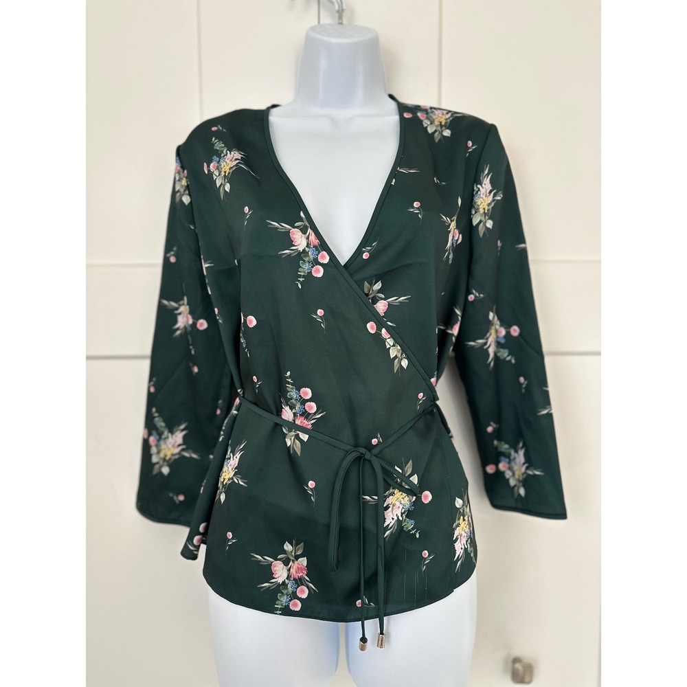 Ted Baker Aleexx Green Floral Wrap Tie Waist Blouse Top Size 2